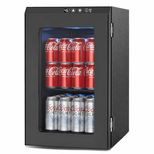 Auseo Beverage Refrigerator 24 Cans Mini Fridge, Portable Wine Cooler Refrigerator with Glass Door, Quiet Compressor Drink Fridge for Bedroom/Office,Black