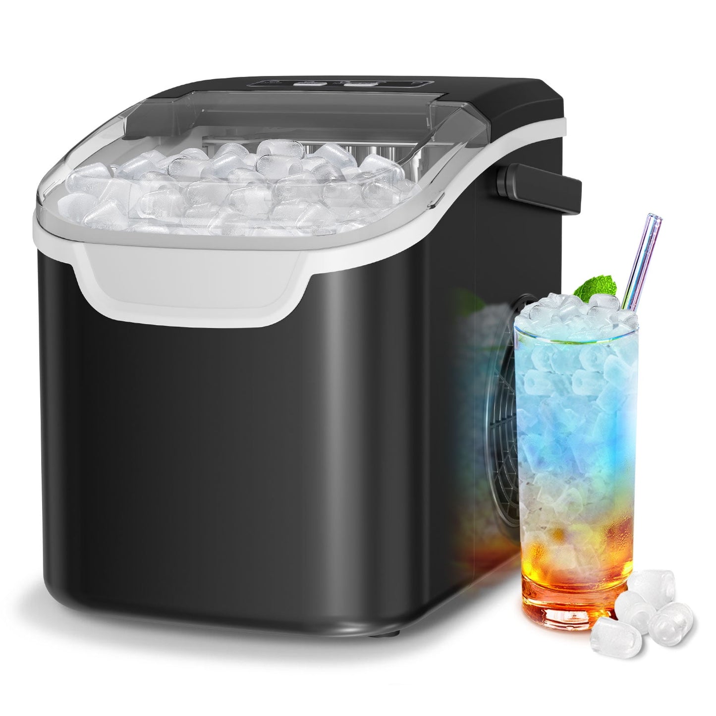 Auseo Portable Ice Maker Machine, Ice Maker Countertop with Handle, 26lbs/24H, 2 Sizes of Bullet Ice Cubes, 8Pcs/6-13Mins, Self-Cleaning, for Home/Office/Party, Black