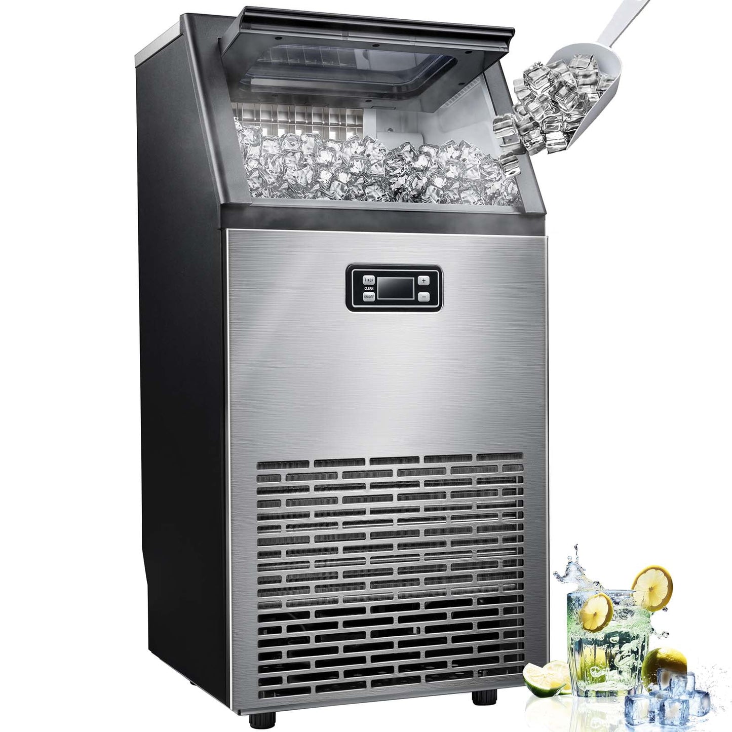 Auseo Commercial Ice Maker Machine, 100Lbs/Day, 45 Cubes/Batch in 11-20 Mins, Stainless Steel Freestanding Ice Maker with 2 Self-Cleaning,Water Inlet Modes for Home/Restaurant/Bar