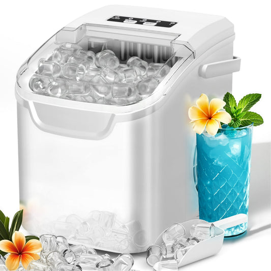 Auseo Countertop Ice Maker, 2 Sizes of Bullet Ice, 26Lbs/24H, 8 Ice Cubes in 6 Mins, Portable Ice Machine with Self-Cleaning for Home/Party/Travel/Camping (White)