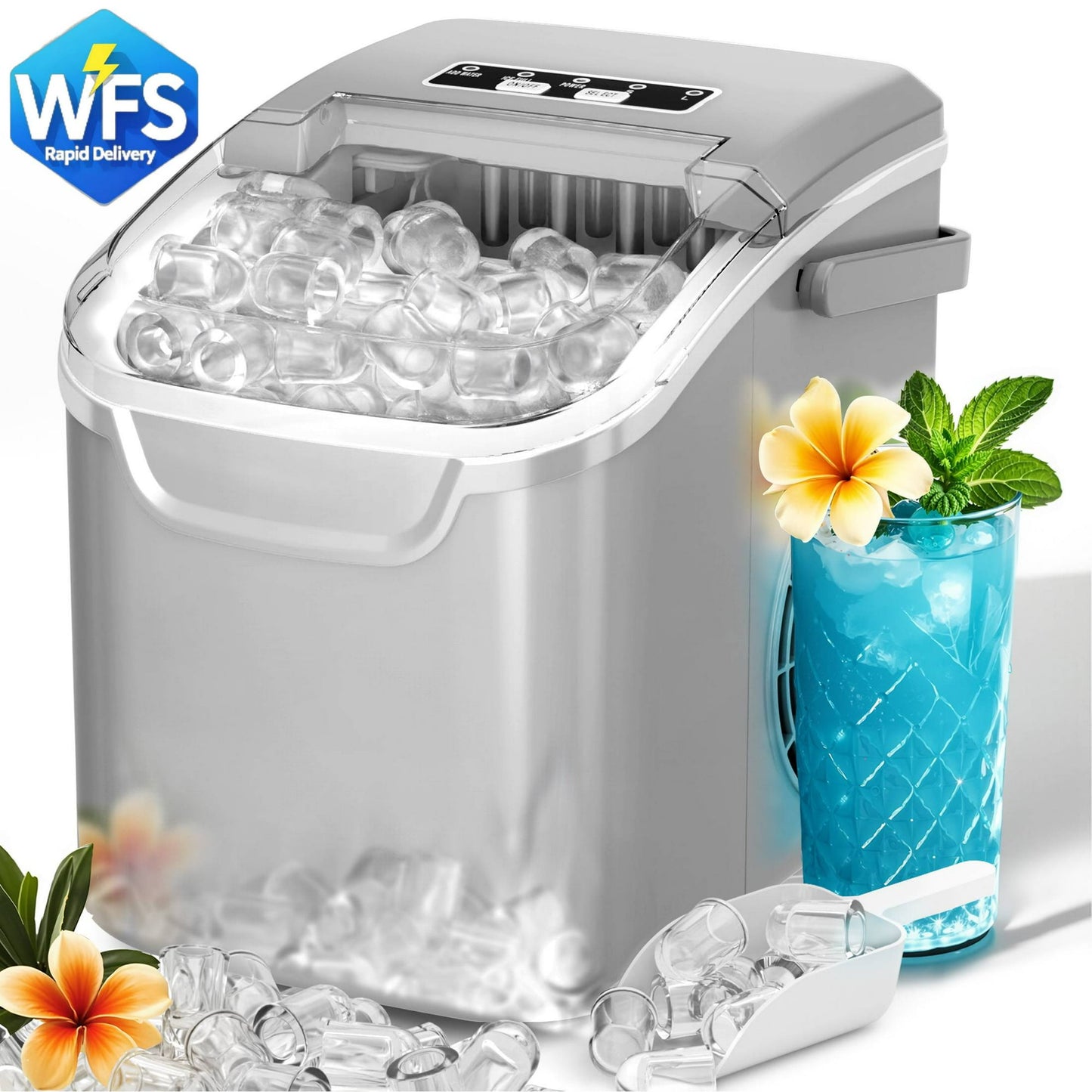Auseo Countertop Ice Maker, 2 Sizes of Bullet Ice, 26Lbs/24H, 8 Ice Cubes in 6 Mins, Portable Ice Machine with Self-Cleaning for Home/Party/Travel/Camping (Grey)