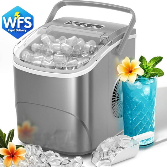 Auseo Pro Countertop Ice Maker, 2 Sizes of Bullet Ice, 26.5Lbs/24H, 9 Ice Cubes in 6 Mins, Portable Ice Machine with Self-Cleaning for Home/Party/Travel/Camping (Grey)