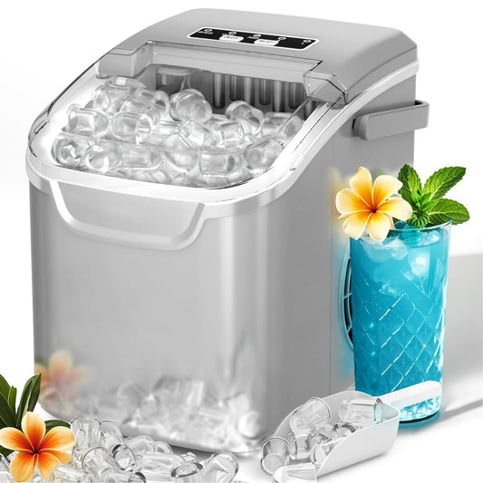 Auseo Countertop Ice Maker, 2 Sizes of Bullet Ice, 26Lbs/24H, 8 Ice Cubes in 6 Mins, Portable Ice Machine with Self-Cleaning for Home/Party/Travel/Camping (Grey)