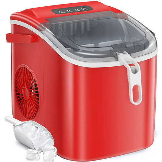 Auseo Countertop Ice Maker Portable Ice Machine, Basket Handle,Self-Cleaning Ice Makers, 26Lbs/24H, 9 Ice Cubes Ready in 6 Mins, S/L ice, for Home Kitchen Bar Party (Red)