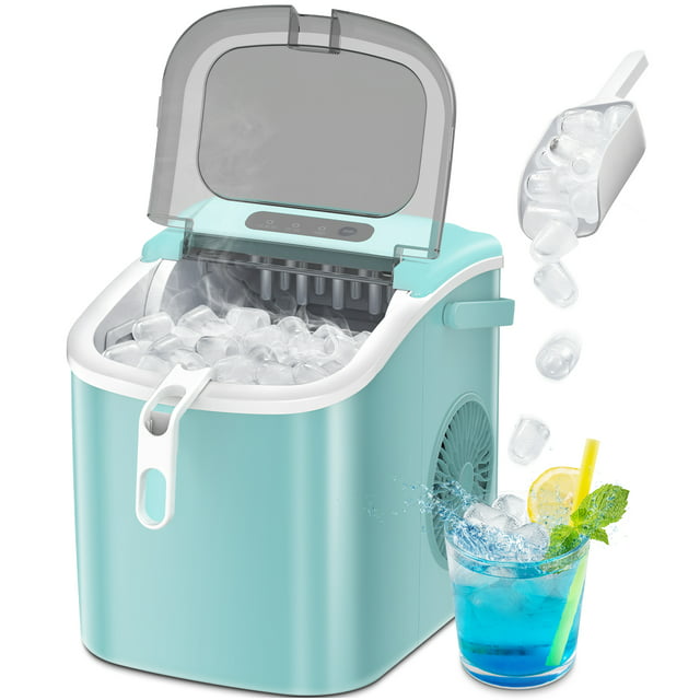Auseo Countertop Ice Maker, Portable Ice Machine with Handle, 26Lbs/24H, 9 Cubes Ready in 6 Mins, One-Click Operation Ice Makers with Ice Scoop and Basket, for Kitchen/Office/Bar/Party (Green)
