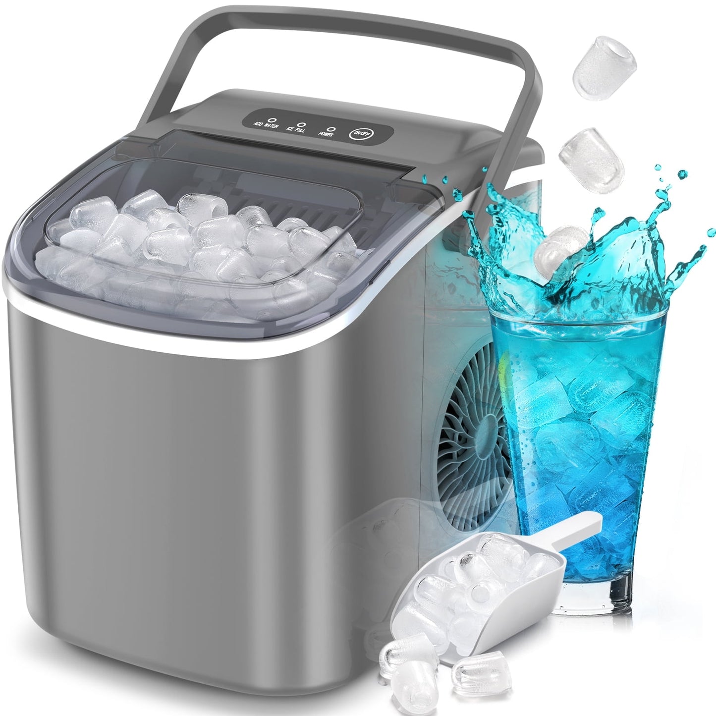 Auseo 26 lbs/24H Countertop Ice Maker Machine, 9 Bullet-Shaped Ice in 6 Min, Auto-Cleaning, Grey