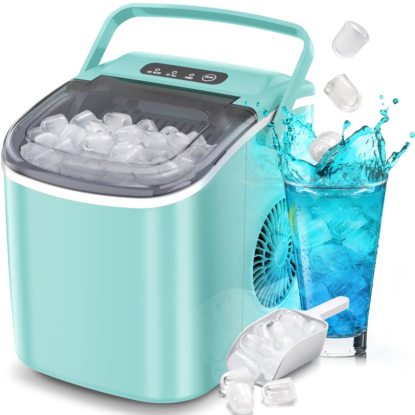 Auseo 26 lbs/24H Countertop Ice Maker Machine, 9 Bullet-Shaped Ice in 6 Min, Auto-Cleaning, Green