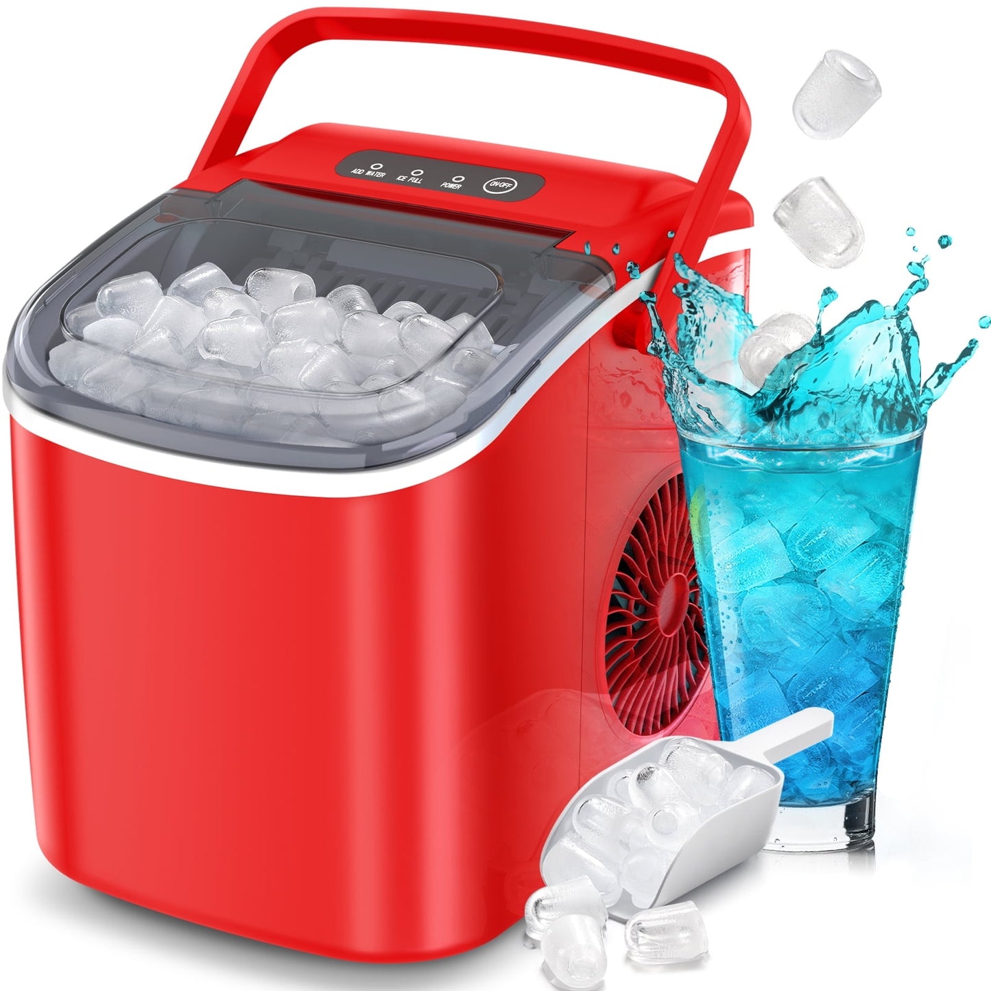 Auseo 26 lbs/24H Countertop Ice Maker Machine, 9 Bullet-Shaped Ice in 6 Min, Auto-Cleaning, Red