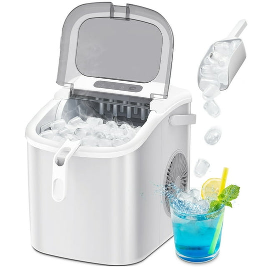 Auseo Countertop Ice Maker, Portable Ice Machine with Handle, 26Lbs/24H, 9 Cubes Ready in 6 Mins, One-Click Operation Ice Makers with Ice Scoop and Basket, for Kitchen/Office/Bar/Party (White)