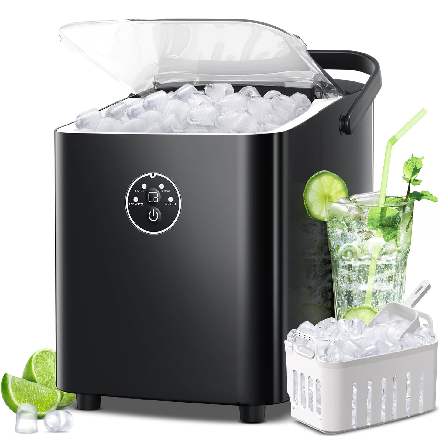 Auseo Ice Cube Maker Machine Countertop with Handle, 26 lbs /24H, Adjustable S/L, Self-Cleaning, for Home/Office/Bar (Black)