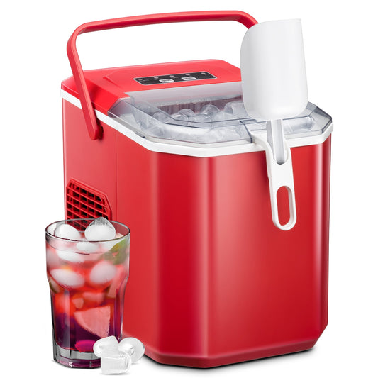 Auseo Countertop Ice Maker, Self-cleaning Portable Ice Maker Machine with Handle and Ice Scoop, Bullet Ice Cubes, 9Pcs/8Min 26Lbs/24H for Home/Office/Bar/Party (Red)