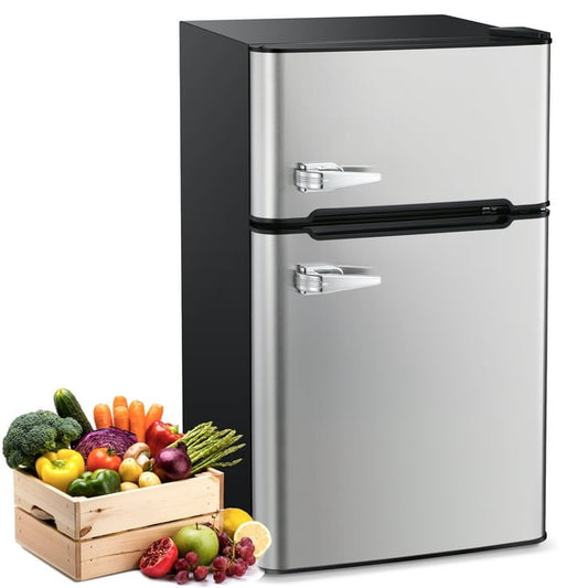 Auseo Double Door 3.2 Cu. ft Compact Refrigerator with Top Door Freezer, Freestanding Mini Fridge with Adjustable Temperature, Upright Freezer, Silver