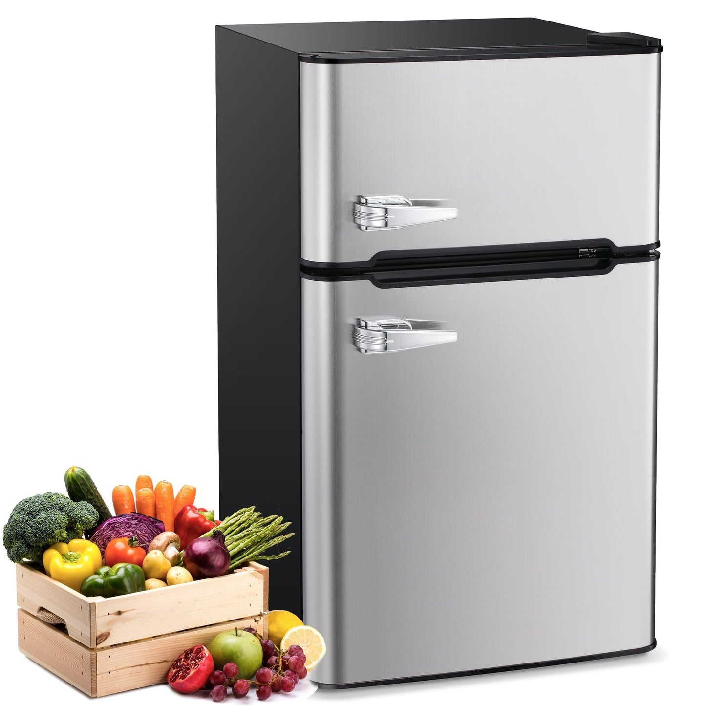 Auseo Double Door 3.1 Cu. ft Compact Refrigerator with Top Door Freezer, Freestanding Mini Fridge with Adjustable Temperature, Silver