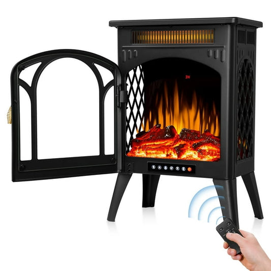 Auseo Electric Fireplace Heater 16" with 3D Realistic Flame Effect, Freestanding Fireplace with Remote Control, Timer, Different Flame Color,2 Heating Modes 500W/1500W, Black