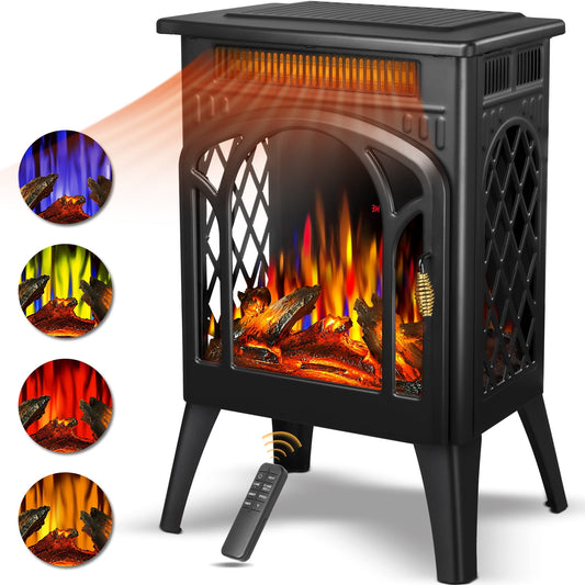 Auseo Electric Fireplace Heater 16" with 3D Realistic Flame Effect, Freestanding Stove, 3D Flame, Remote Control, 500W/1500W, Black