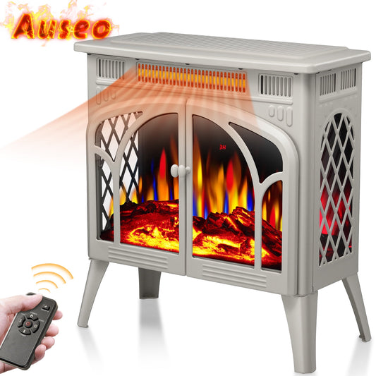 Auseo Electric Fireplace Heater 25’’ with 3D Realistic Flame Effect, Freestanding Fireplace with Remote Control, Timer, Different Flame Color,2 Heating Modes 500W/1500W, Beige