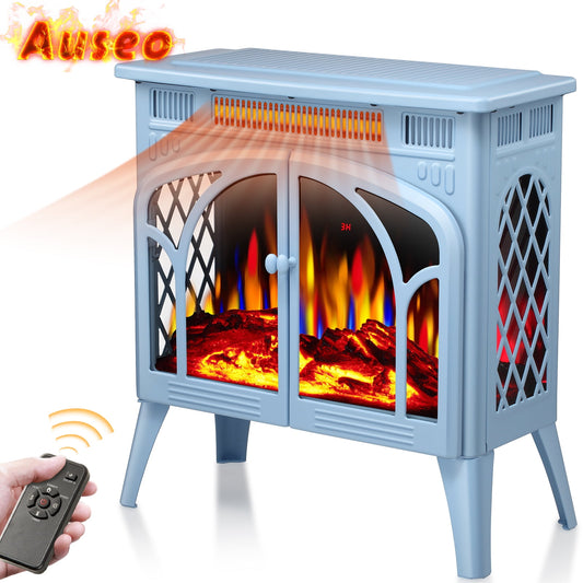 Auseo Electric Fireplace Heater 25’’ with 3D Realistic Flame Effect, Freestanding Fireplace with Remote Control, Timer, Different Flame Color,2 Heating Modes 500W/1500W, Blue