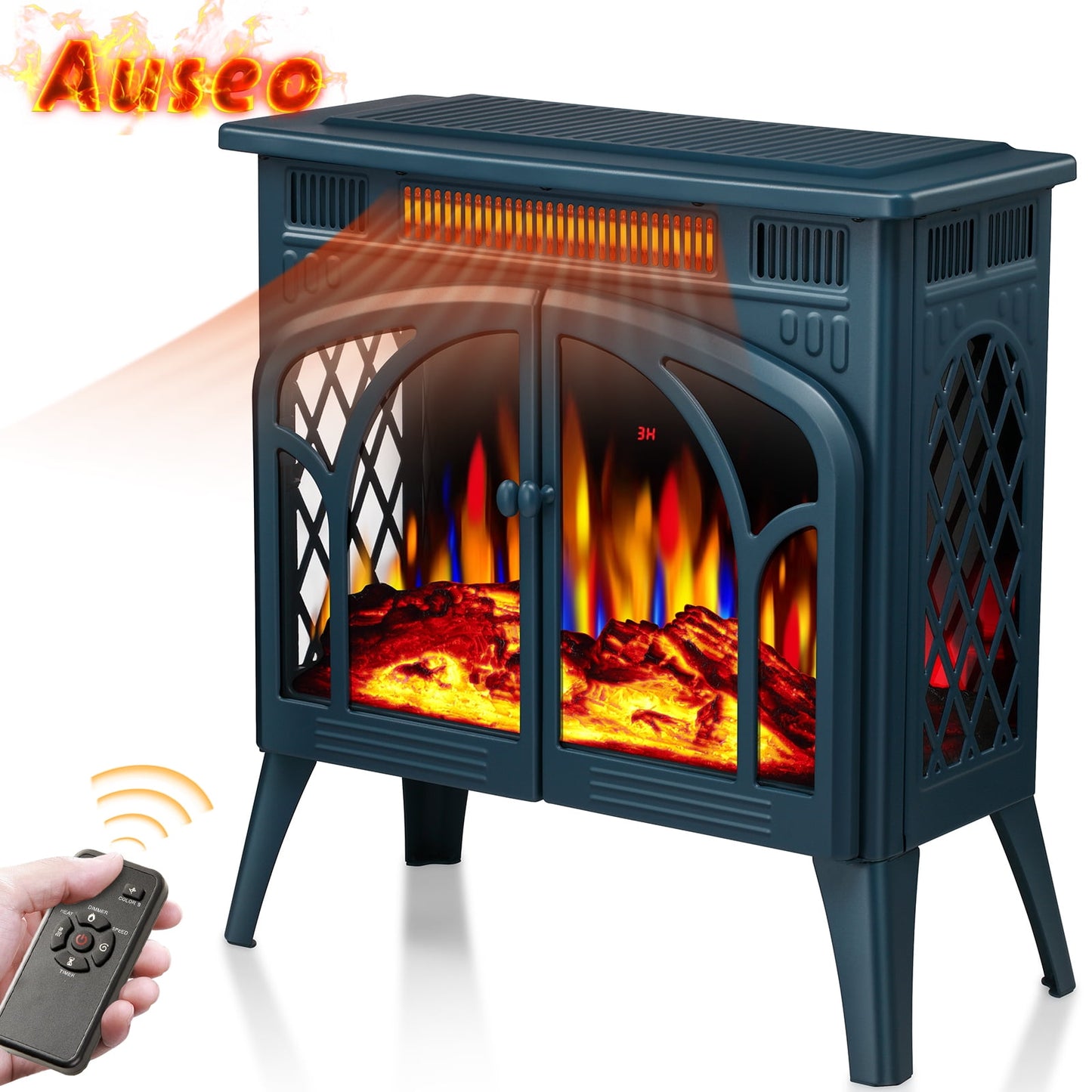 Auseo Electric Fireplace Heater 25’’ with 3D Realistic Flame Effect, Freestanding Fireplace with Remote Control, Timer, Different Flame Color,2 Heating Modes 500W/1500W, Darkgreen