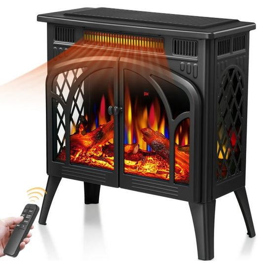 Auseo Electric Fireplace Heater 25", All-metal Frame Freestanding Stove, 3D Flame, Remote Control, 500W/1500W, Black