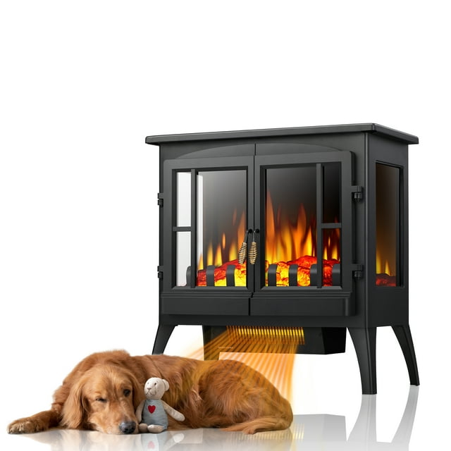 Auseo Electric Fireplace Infrared Stove Heater, 23" Freestanding Fireplace Heater, 3D Realistic Flame Effects, Adjustable Brightness and Heating Mode, Overheating Safe Design, 1000W/1500W, Black