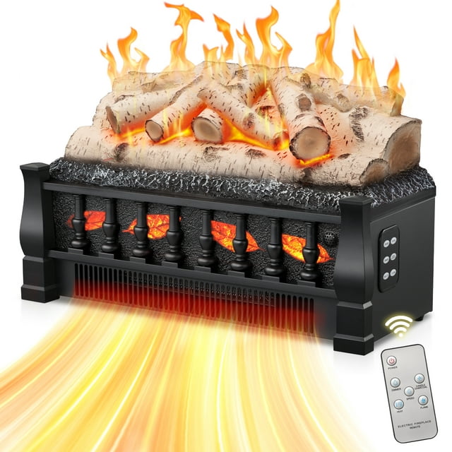 Auseo Electric Fireplace, Log Set Heater, Remote Control, Flame Brightness Adjustable, Realistic Ember Bed, Overheating Protection for Home and Office, 1500W Whitish Gray logs