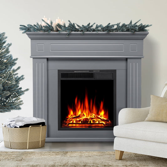 Auseo Electric Fireplace Mantel Package Wooden Surround Firebox TV Stand Free Standing Electric Fireplace Heater with Logs, Adjustable Led Flame, Remote Control, 750W-1500W, Grey