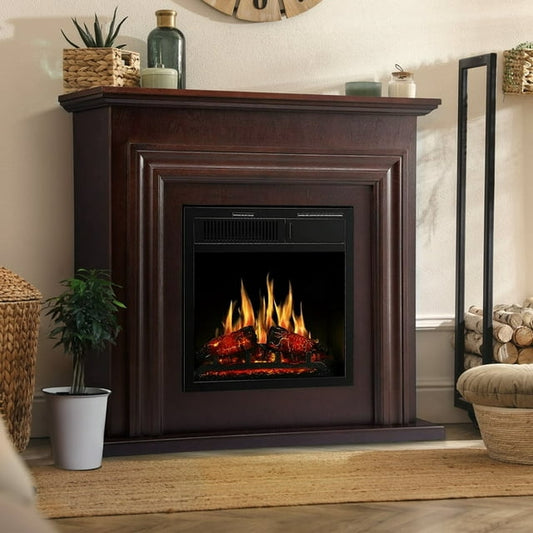 Auseo Electric Fireplace Mantel Wooden Surround Firebox, Free Standing Fireplace, with Remote Control, Adjustable LED Flame, 750W/1500W -（Brown）