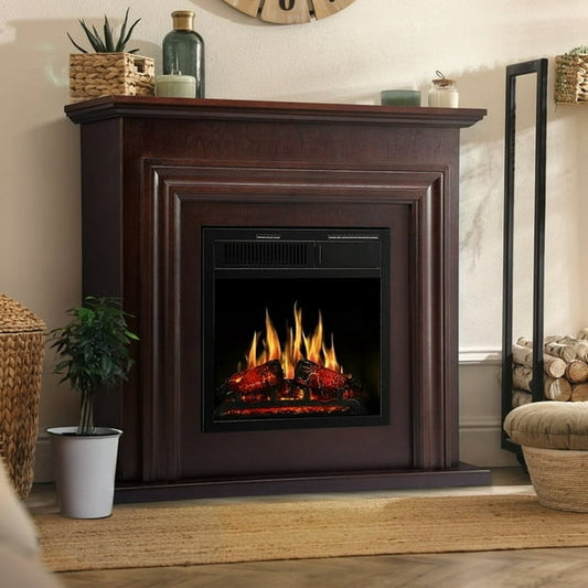 Auseo Electric Fireplace Mantel Wooden Surround Firebox, Free Standing Fireplace, with Remote Control, Adjustable LED Flame, 750W/1500W -Brown