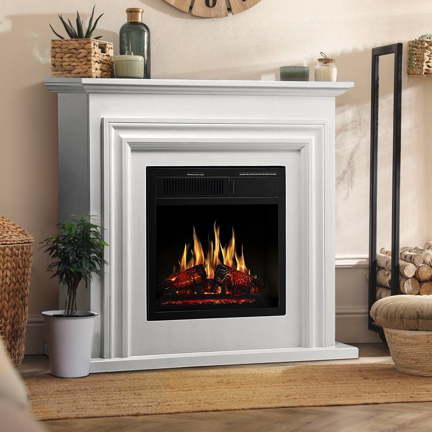 Auseo Electric Fireplace Mantel Wooden Surround Firebox, Free Standing Fireplace, with Remote Control, Adjustable LED Flame, 750W/1500W -（Pearlwhite）