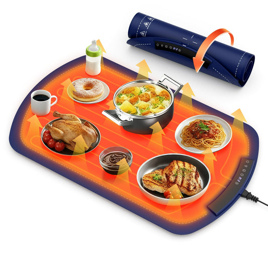Auseo Electric Warming Tray - Full Surface Heating,Rollable & Portable,Premium Silicone Nano-Material, 7 Temperature Settings,Auto Shut-Off - for Gatherings,Parties,Everyday Use, Blue
