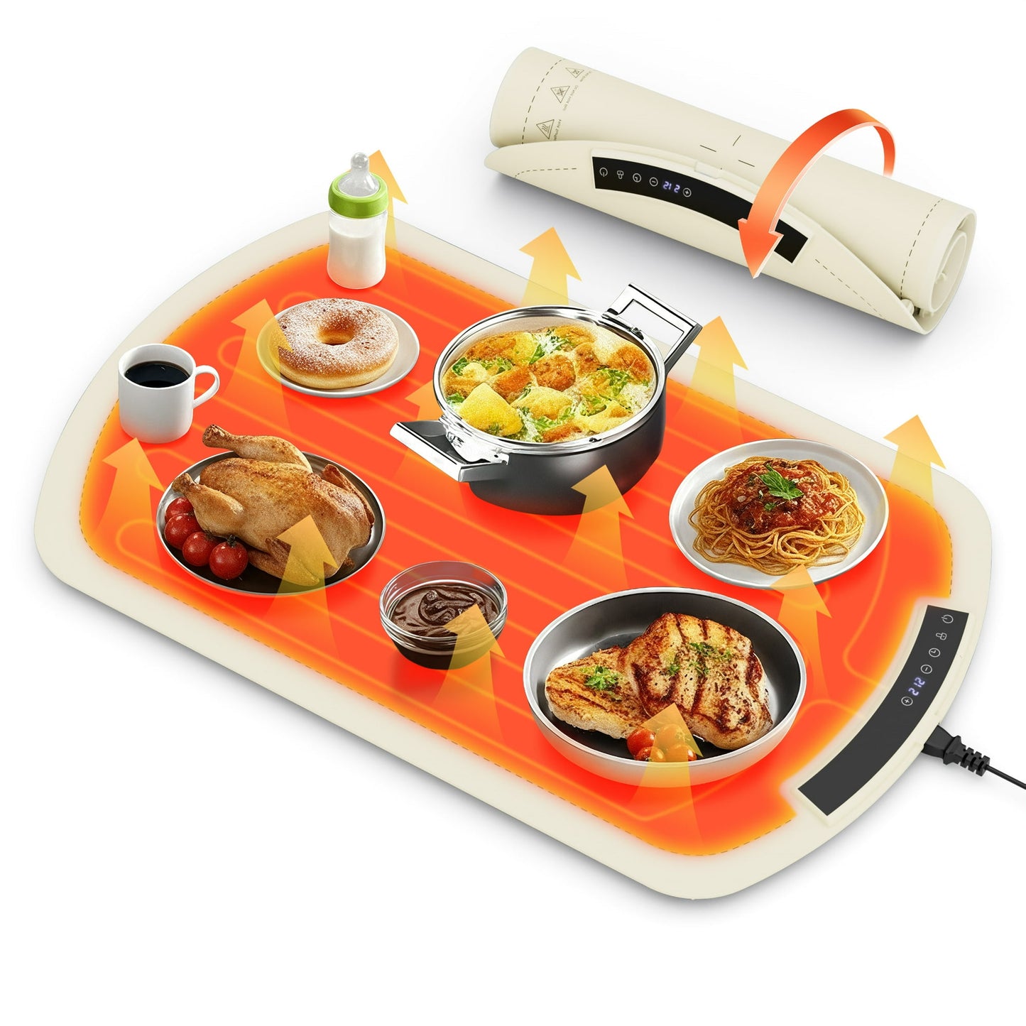 Auseo Electric Warming Tray - Full Surface Heating,Rollable & Portable,Premium Silicone Nano-Material, 7 Temperature Settings,Auto Shut-Off - for Gatherings,Parties,Everyday Use, White
