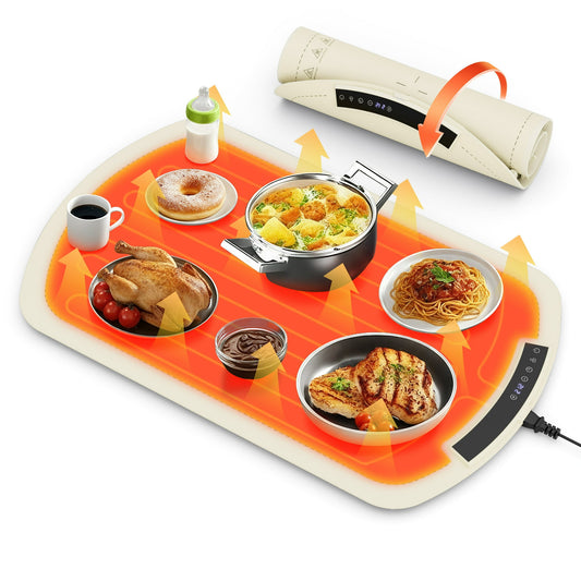 Auseo Electric Warming Tray - Full Surface Heating,Rollable & Portable,Premium Silicone Nano-Material, 7 Temperature Settings,Auto Shut-Off - for Gatherings,Parties,Everyday Use, White