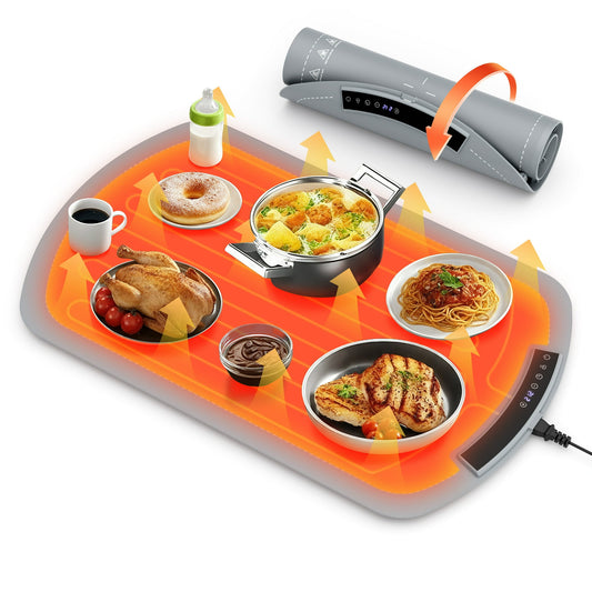 Auseo Electric Warming Tray - Full Surface Heating,Rollable & Portable,Premium Silicone Nano-Material, 7 Temperature Settings,Auto Shut-Off - for Gatherings,Parties,Everyday Use, Grey