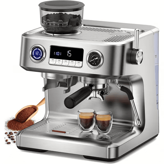 Auseo Espresso Machine with Grinder, Dual Boiler 20 Bar Espresso Machines with Milk Frother Steam Wand, Espresso/Cappuccino/Latte/Mocha, Commercial Espresso Coffee Machines, Stainless Steel