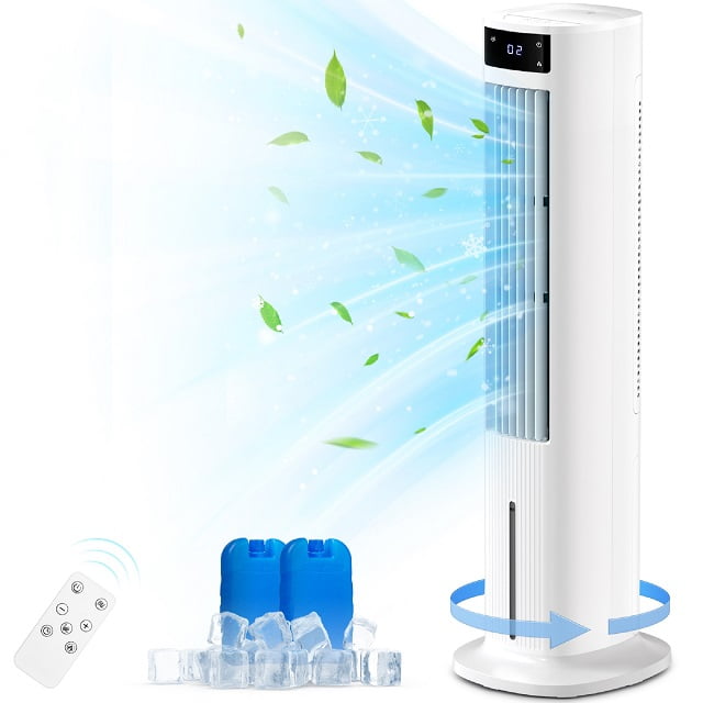 Auseo Evaporative Air Cooler,Tower Fan For Bedroom,40" Quiet Cooling 80° Oscillating Fan with 3 Wind Speeds & 3 Wind Modes, Remote Control,24H Timer for Office/Home,White