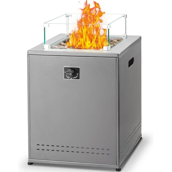 Auseo 20" Smokeless Propane Fire Pit Table, Square 50,000 BTU Gas Fire Pit Table with Glass Wind Guard, Lid and Lava Rock, Outside Patio Heater for Yard, Garden and Lawn(Grey)
