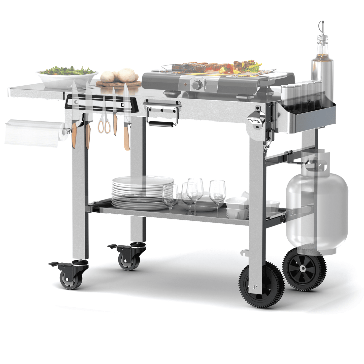 Auseo Folding Outdoor Grill Cart, Portable BBQ Dining Table with Double-Shelf, Mobile Multifunctional Food Prep Station