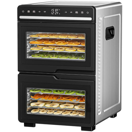 Auseo Food Dehydrator, 1100W Dehydrator Machine with Digital Pannel, Adjustable Temperature & 72H Timer, 2 separate chambers, 12 Trays for Fruits, Vegetables and Meat