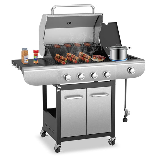 Auseo High-End Outdoor Liquefied Petroleum Gas Barbecue Grill, 4+1 Burner (53000BTU), High-Quality Stainless Steel, Silver