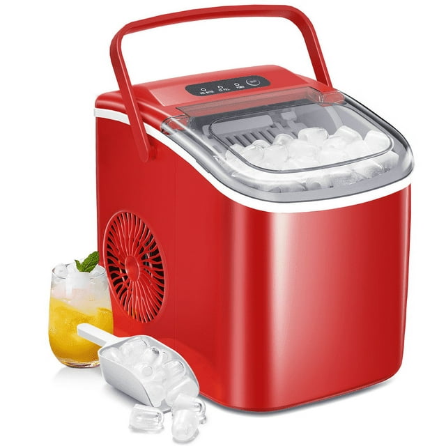 Auseo Ice Makers Countertop, 9 Cubes in 6 mins, 26lbs in 24Hrs, Portable Self-Cleaning Ice Machine with Ice Scoop & Ice Bag, Bullet Ice for Home Kitchen Office Bar Party (Red)