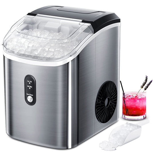 Auseo Ice Makers Countertop, Crushed Ice Maker with 35Lbs/24H,Soft Chewable Ice, Pebble Ice Maker with Self-Cleaning, Ice Scoop and Ice Basket,for Home,Office,Kitchen,Stainless Steel (Silver)