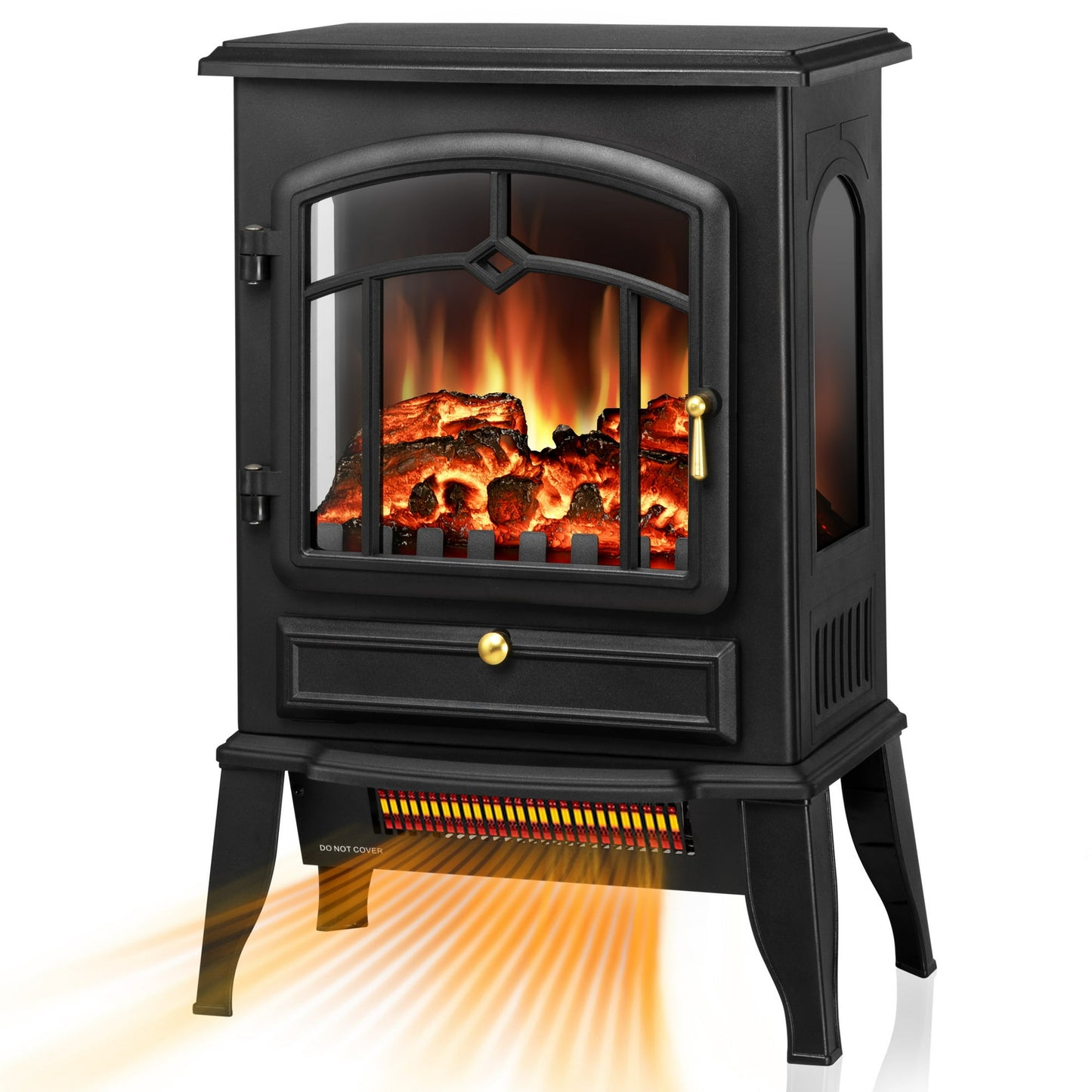 Auseo Infrared Electric Fireplace Stove, 15" Freestanding Fireplace Heater, Adjustable Brightness and Heating Mode, 1000W/1500W, Black