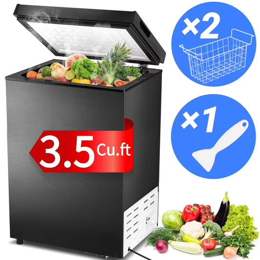 Auseo Mini Freezer Chest 3.5 cu ft, Black Deep Freezer & Side Handle, Compact Freezer with 7 Gear Adjustable Temperature, Removable Storage Basket, Energy Saving