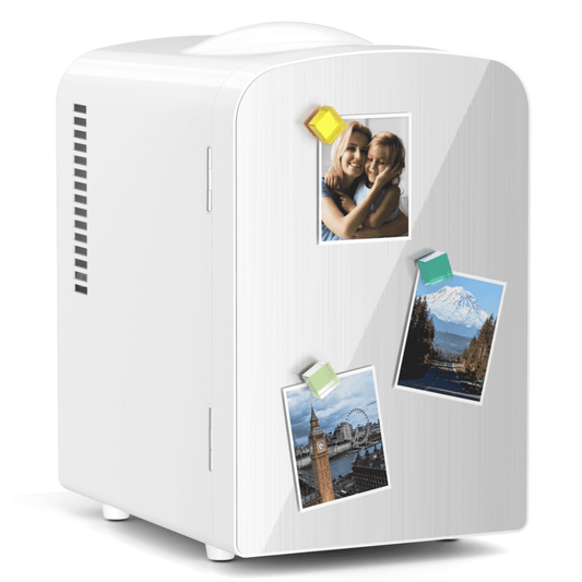 Auseo Mini Fridge Cooler Personal, Countertop, Holds up to 4L/6 Cans, Front Door Stainless Steel, Fridge Magnet(Freebies), Option for Skincare, Makeup, Drinks, Elegant White