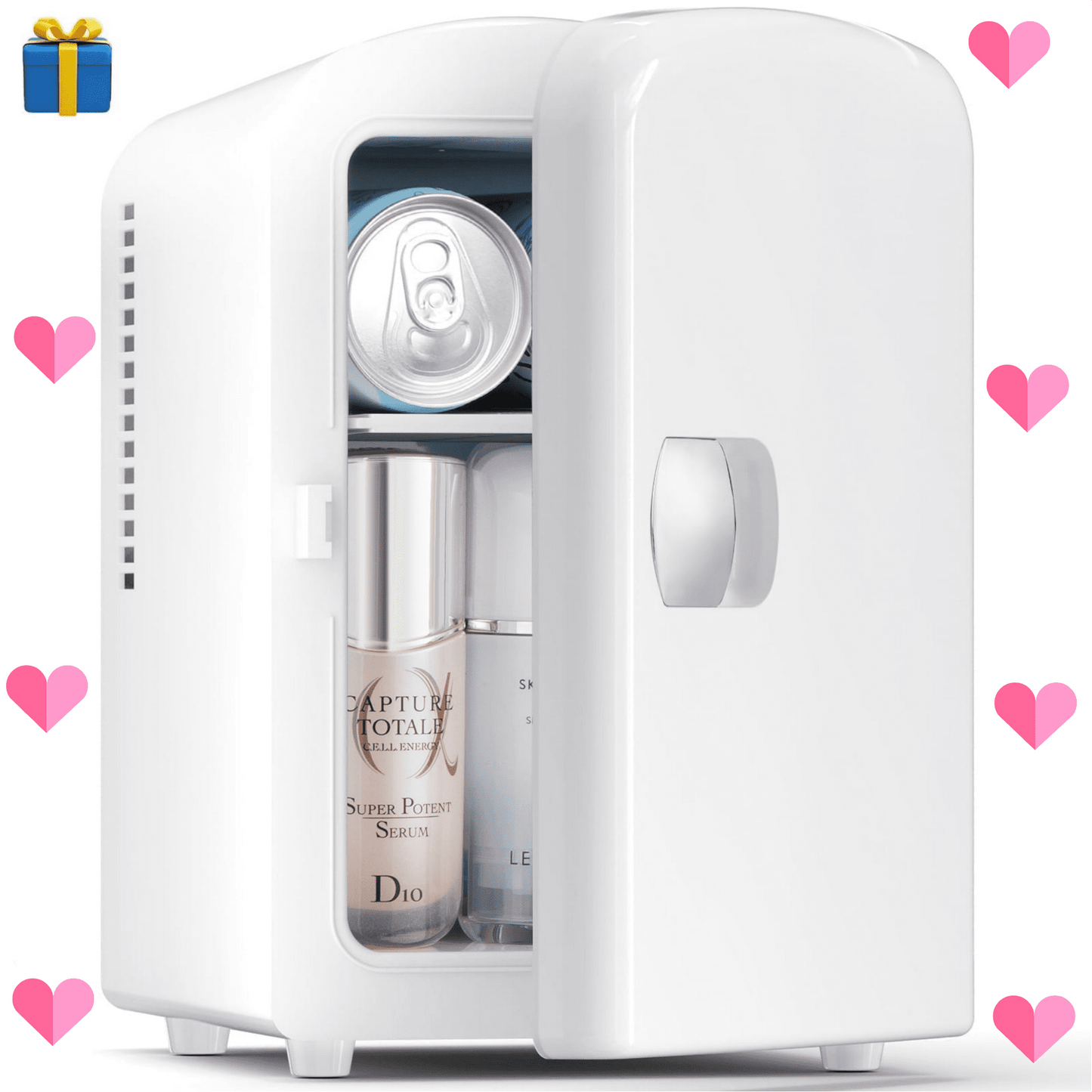 Auseo Mini Portable Fridge Personal, Countertop, 4L/6 Cans, Cooler Small Refrigerator, AC/DC, Option for Skincare, Makeup, Drinks, Dorm Room, White