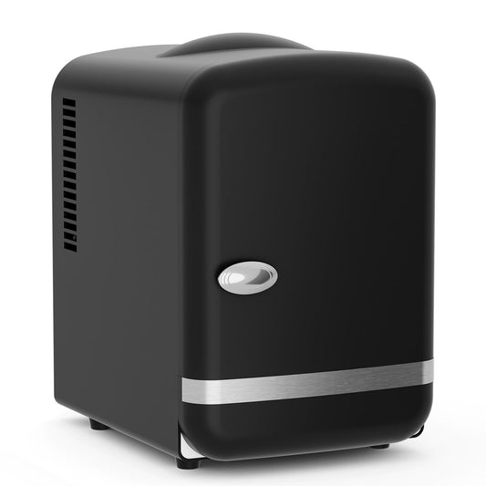 Auseo Mini Fridge Personal Beauty Refrigerator, 4 Liter, Includes Plugs for Home Outlet & DC Charger, Dorm, Bedroom, Table Top Beverage Cooler for Drinks, Soda, Wine - Black