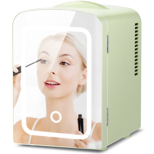 Auseo Mini Personal Fridge Cooler, LED Lighted Mirror, 4L Capacity Portable, Makeup and Skincare - AC/DC Refrigerator, Car, Office Desk & Dorm - Chills 6 Cans, GREEN