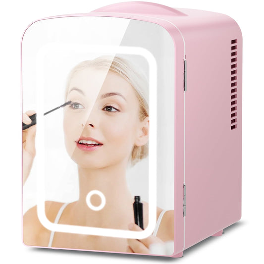 Auseo Mini Personal Fridge Cooler, LED Lighted Mirror, 4L Capacity Portable, Makeup and Skincare - AC/DC Refrigerator, Car, Office Desk & Dorm - Chills 6 Cans, Pink