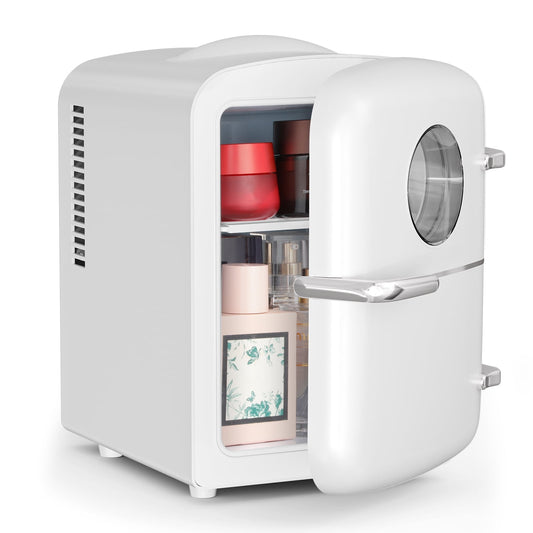 Auseo Mini Fridge, Portable Fridge Personal, 4 Liter/6 Cans Countertop, 120V AC/ 12V DC, Cooler and Warmer for Drink Office Dorm Bedroom Car, White