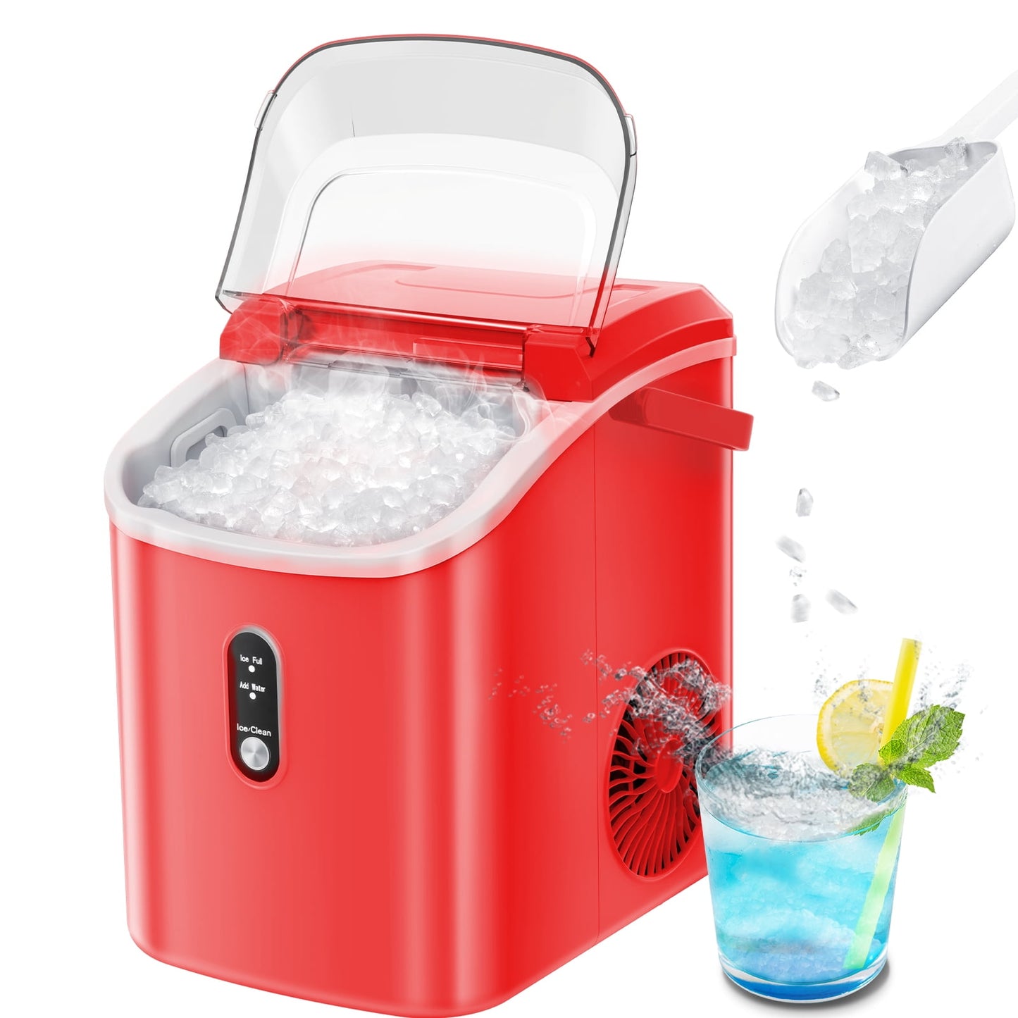 Auseo Nugget Ice Maker Countertop, 33lbs/24H, Self-Cleaning Function, Portable Ice Machine for Home/Office/Party- (Red)